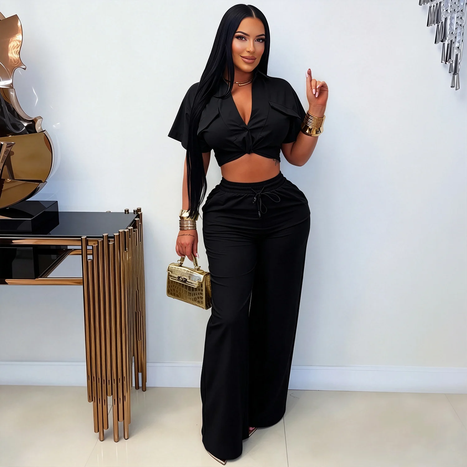 C7835 New Women's Clothing Style Lapel Kink Short Top Wide Leg Casual Pants Set — image 8