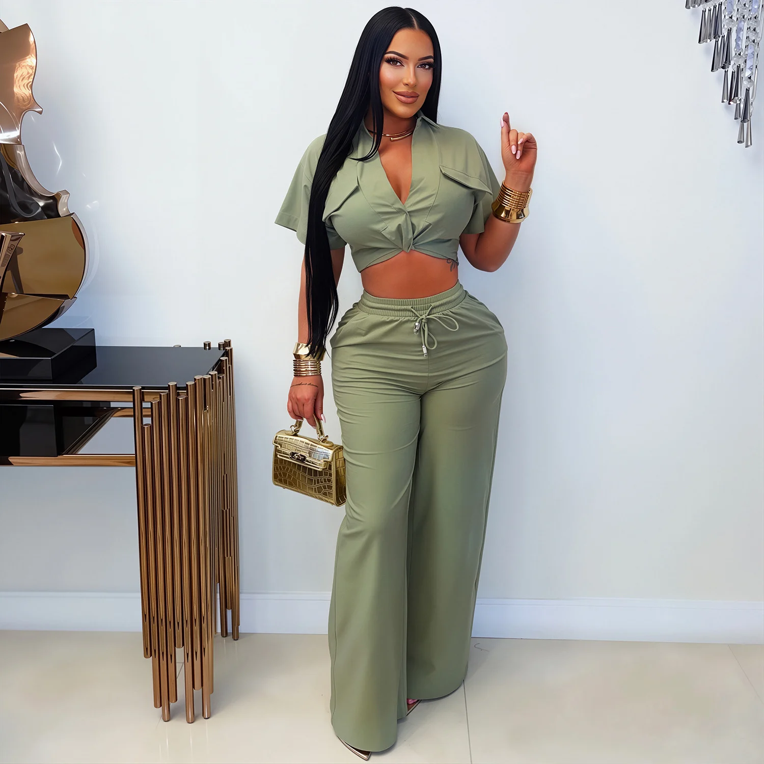 C7835 New Women's Clothing Style Lapel Kink Short Top Wide Leg Casual Pants Set — image 3