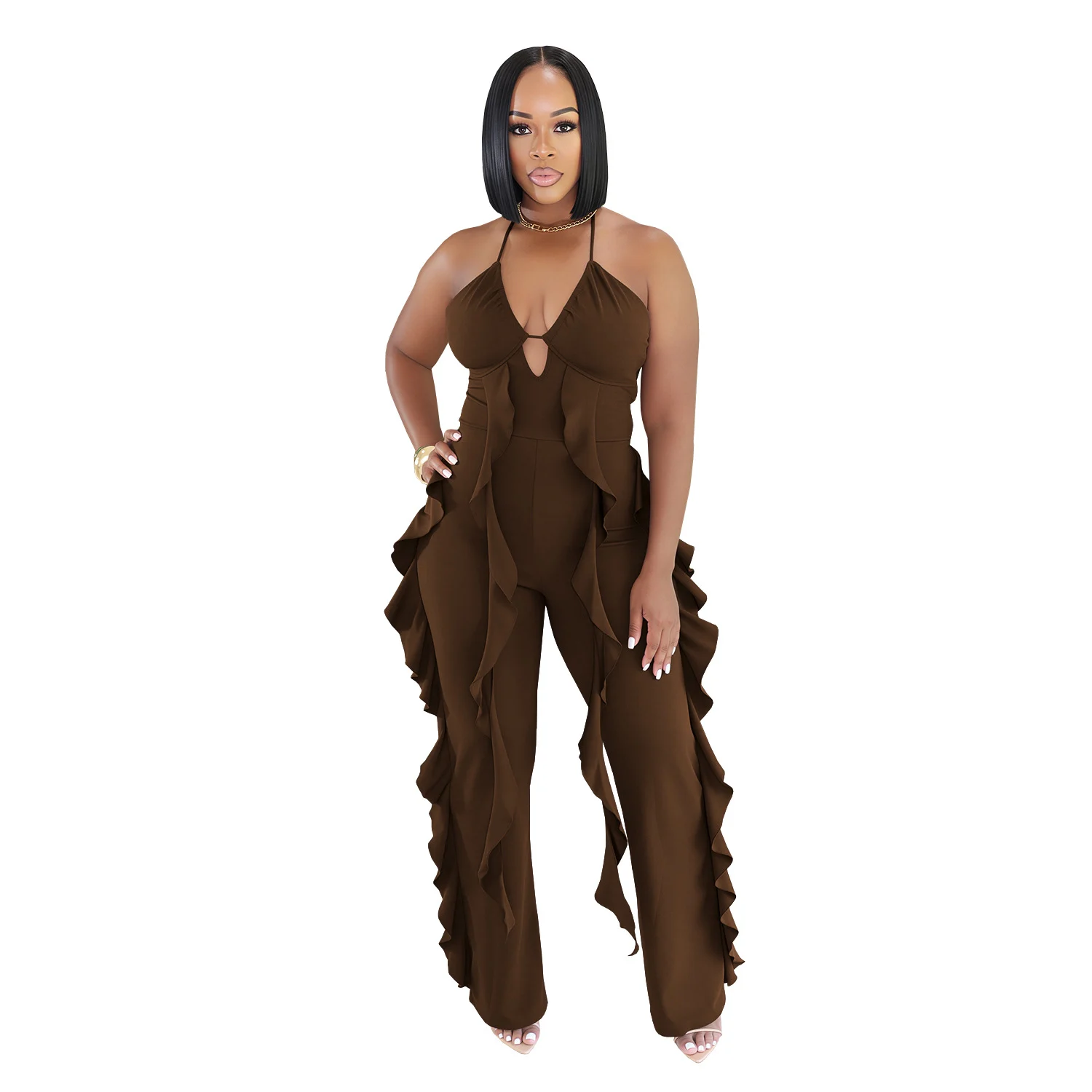 C7836 New Women's Elegant Neck V-neck Ruffled High Waist Slimming Wide Leg Party Jumpsuit — image 4