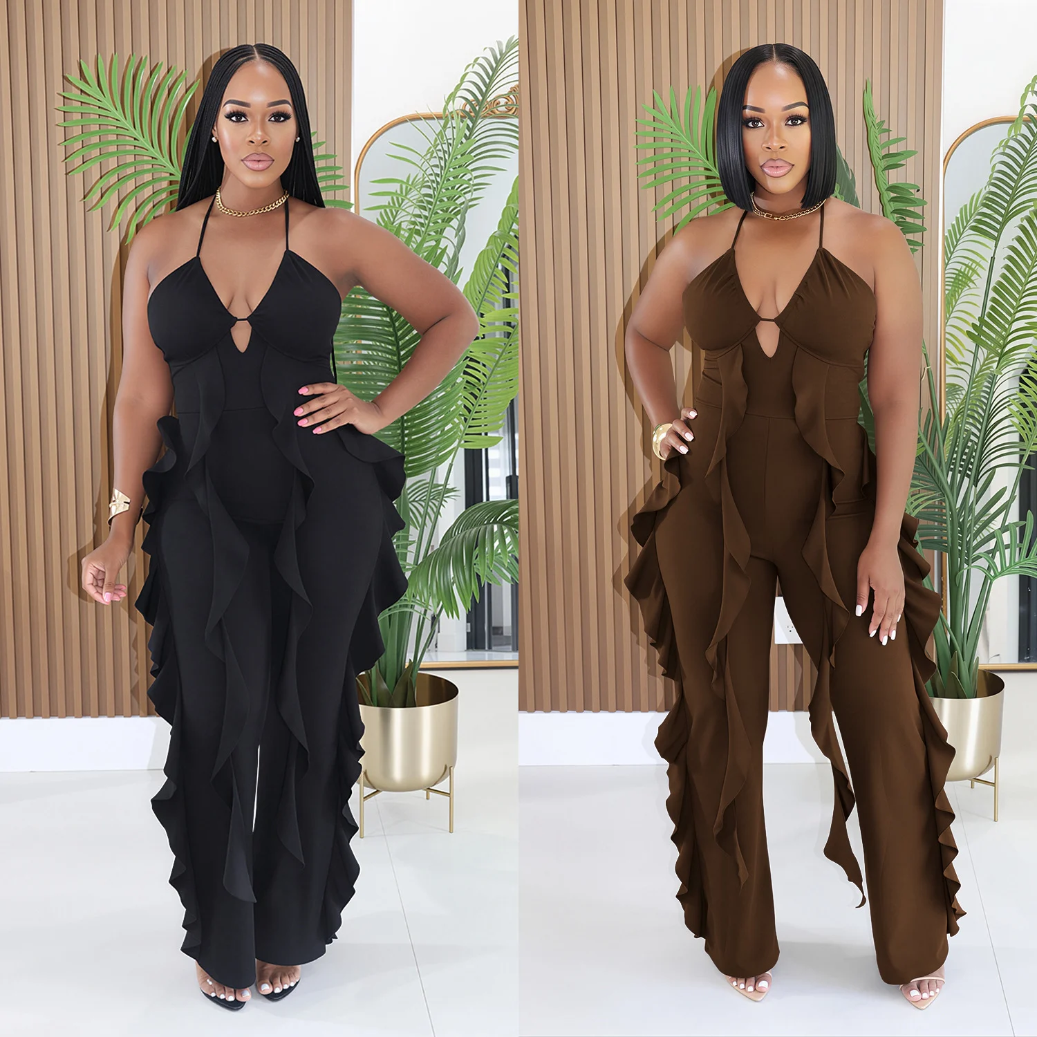 C7836 New Women's Elegant Neck V-neck Ruffled High Waist Slimming Wide Leg Party Jumpsuit — image 5