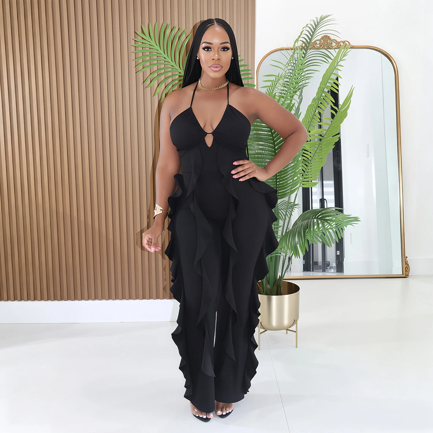 C7836 New Women's Elegant Neck V-neck Ruffled High Waist Slimming Wide Leg Party Jumpsuit — image 7