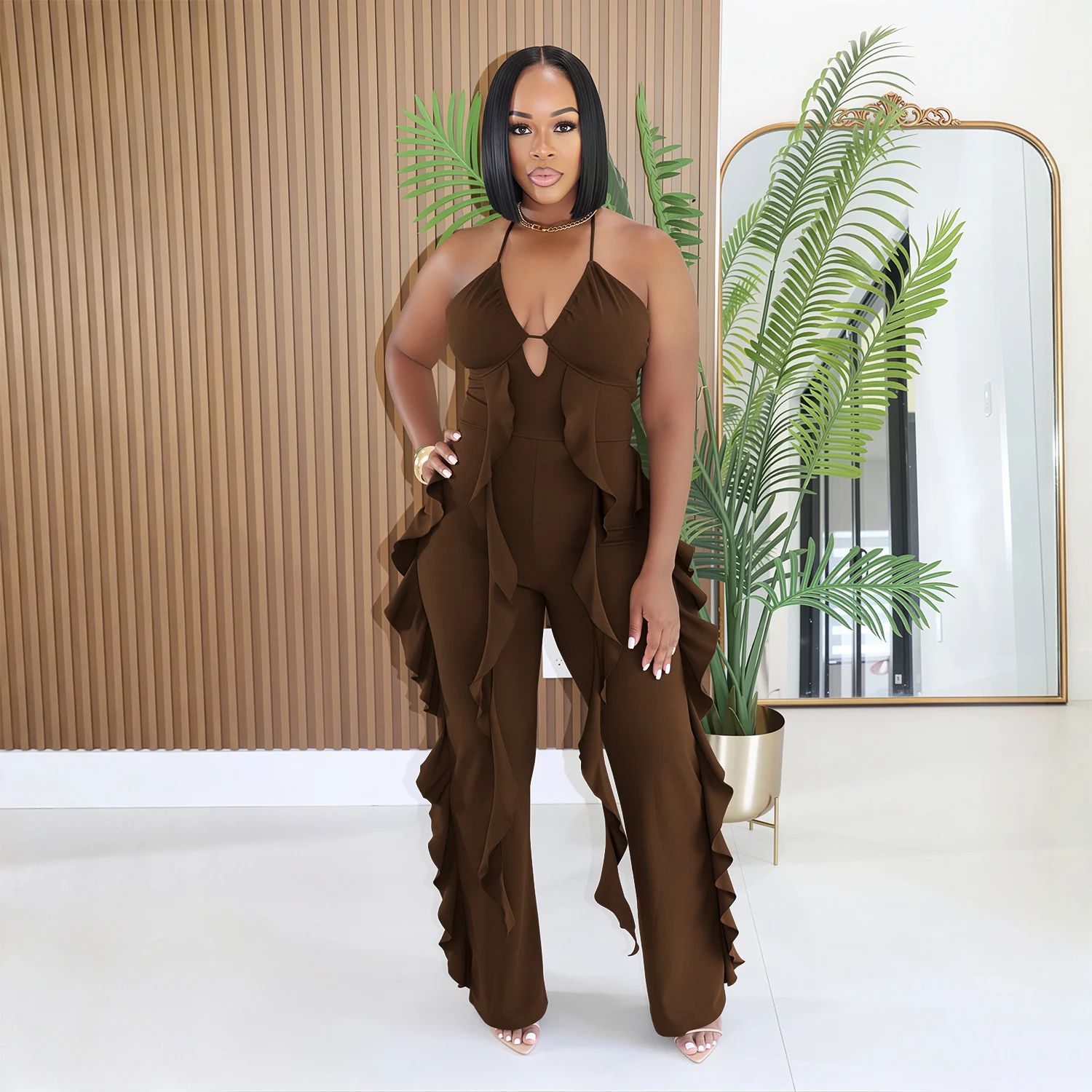 C7836 New Women's Elegant Neck V-neck Ruffled High Waist Slimming Wide Leg Party Jumpsuit — image 3