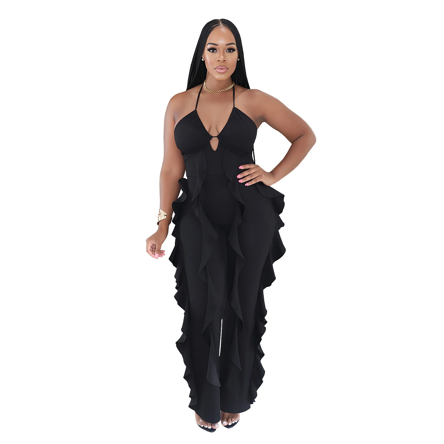 C7836 New Women's Elegant Neck V-neck Ruffled High Waist Slimming Wide Leg Party Jumpsuit — image 6