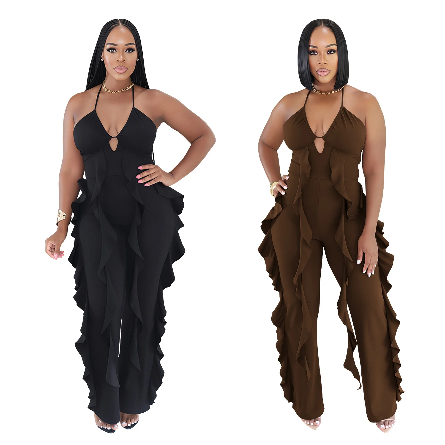 C7836 New Women's Elegant Neck V-neck Ruffled High Waist Slimming Wide Leg Party Jumpsuit — image 2