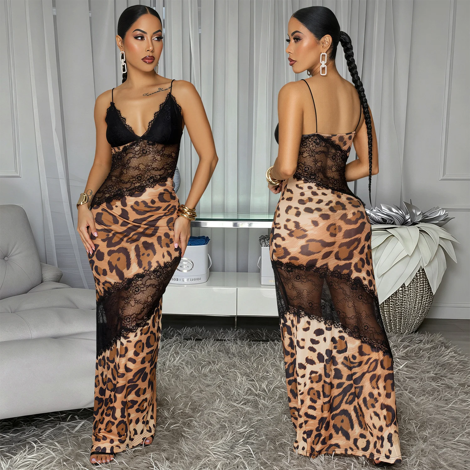 C7839 New Women's Clothing Leopard Print Stitching Lace Deep V Sling Fishtail Dress Women — image 3
