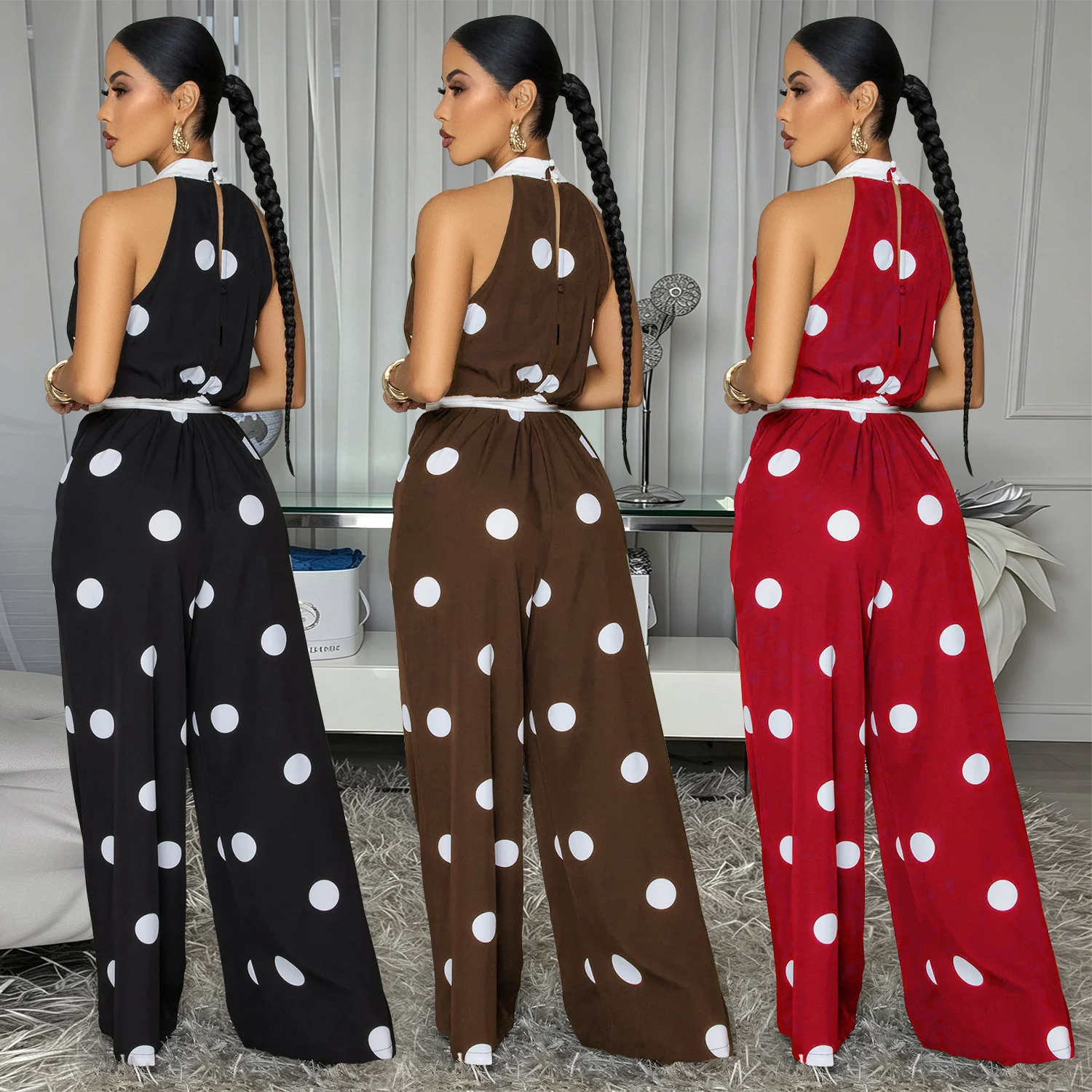 C7841 New Women's Wear Style Wave Dot Printed Hanging Neck Sleeveless Jumpsuit — image 3