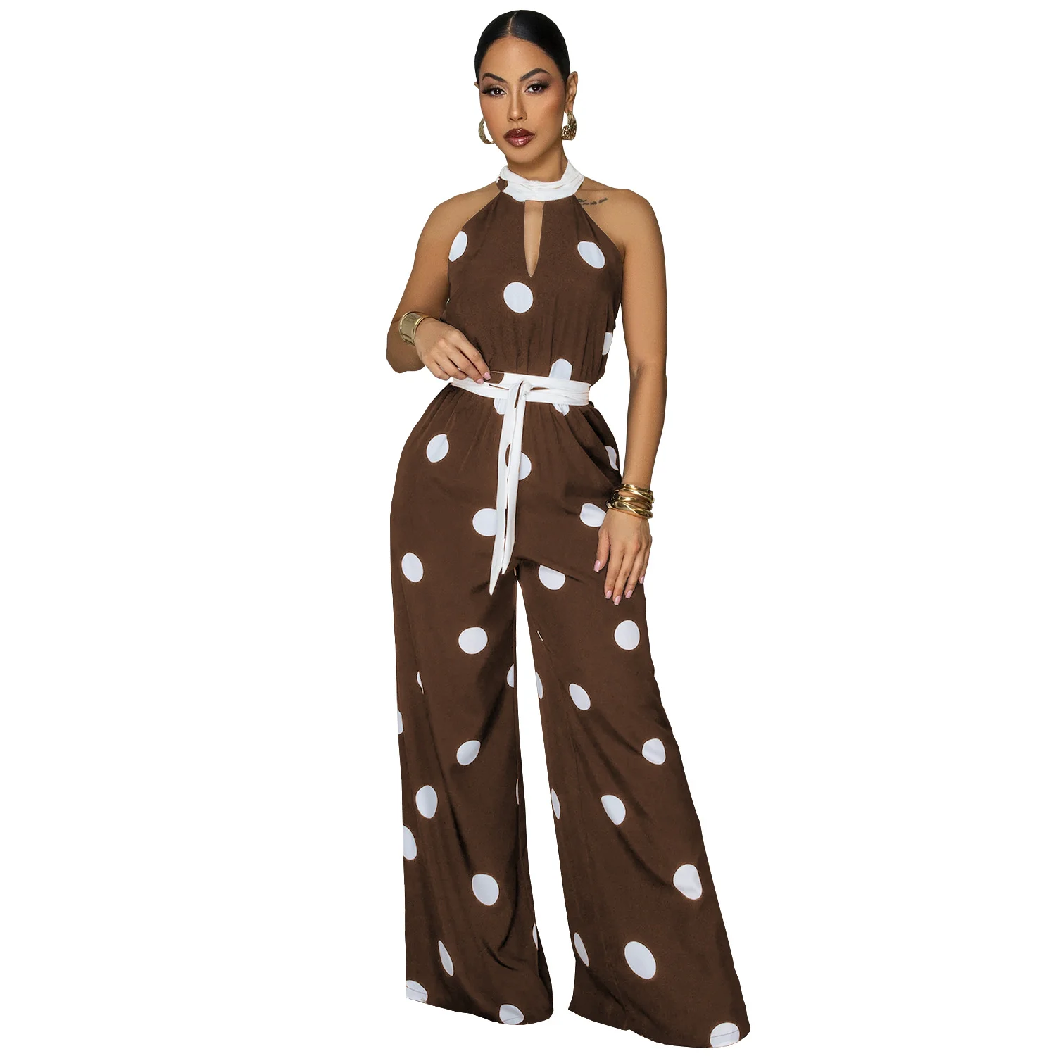 C7841 New Women's Wear Style Wave Dot Printed Hanging Neck Sleeveless Jumpsuit — image 2