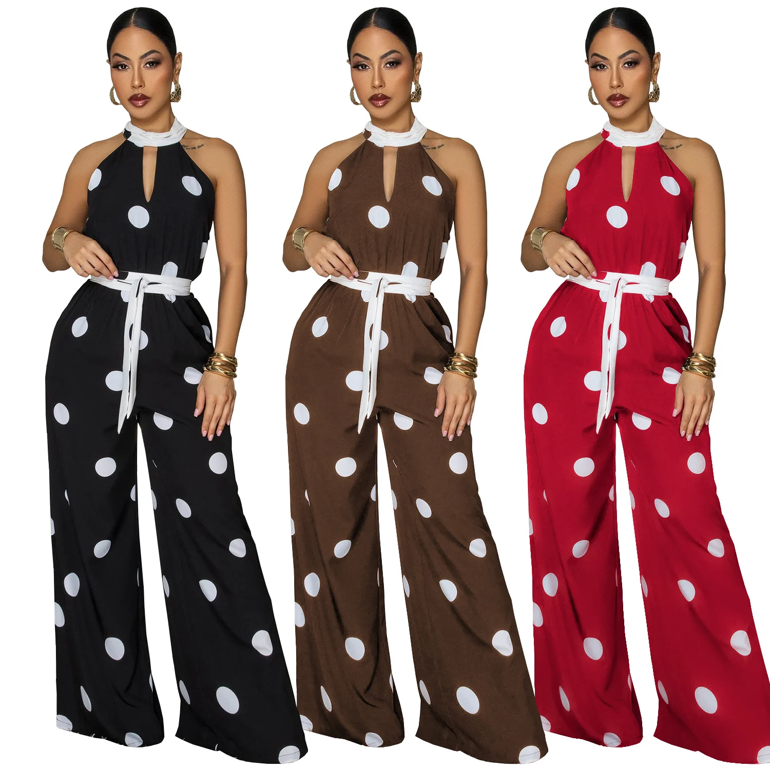 C7841 New Women's Wear Style Wave Dot Printed Hanging Neck Sleeveless Jumpsuit — image 7