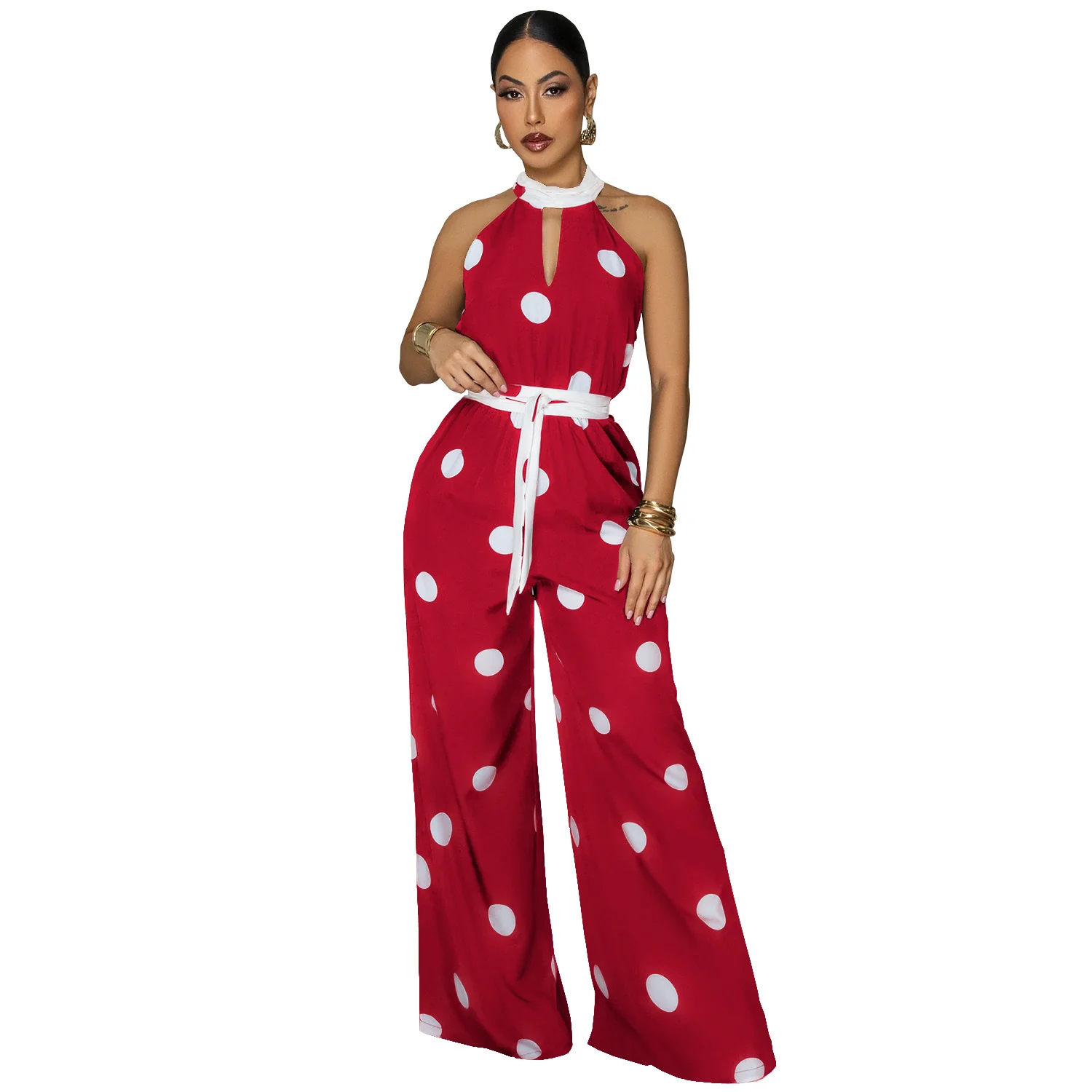C7841 New Women's Wear Style Wave Dot Printed Hanging Neck Sleeveless Jumpsuit — image 4