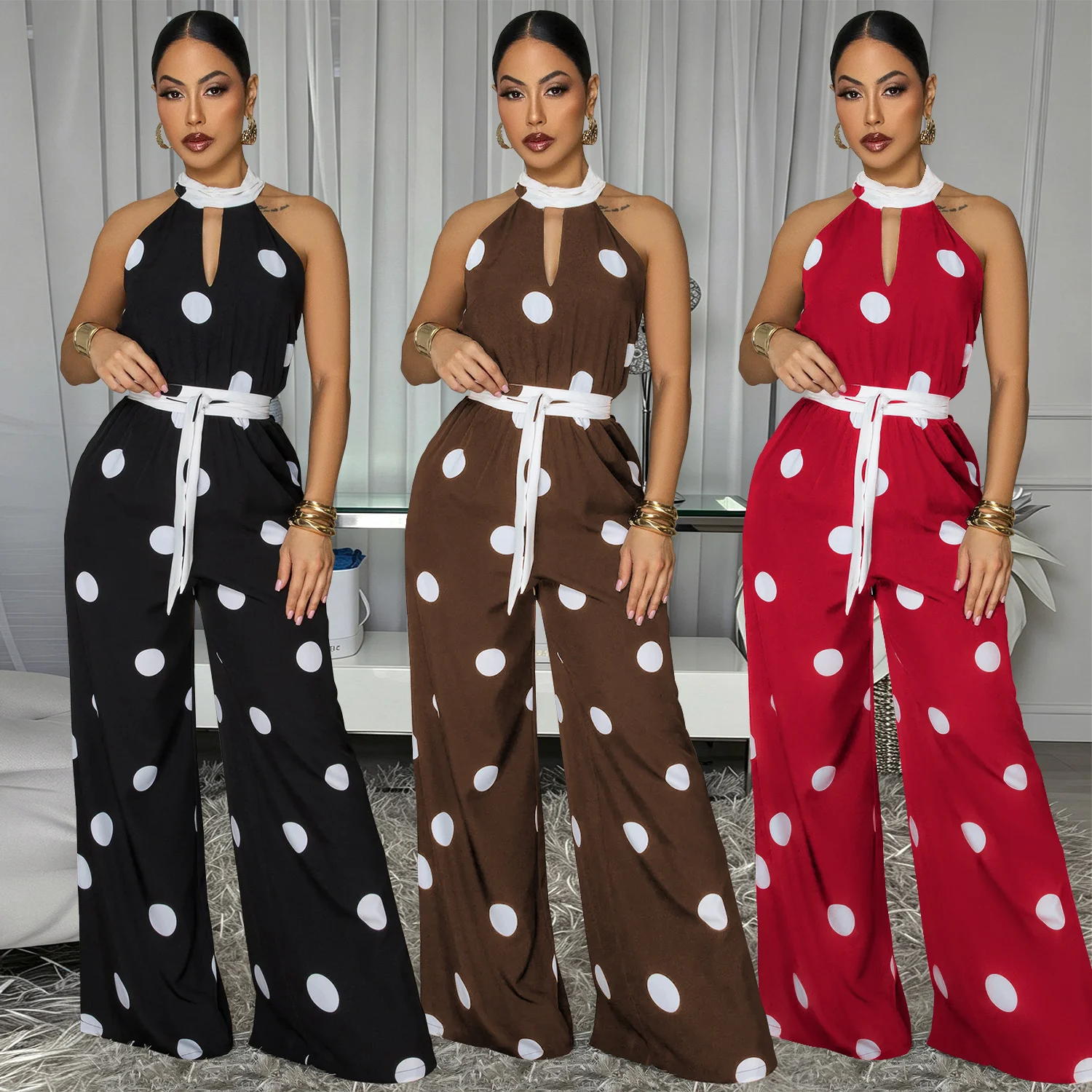 C7841 New Women's Wear Style Wave Dot Printed Hanging Neck Sleeveless Jumpsuit — image 5
