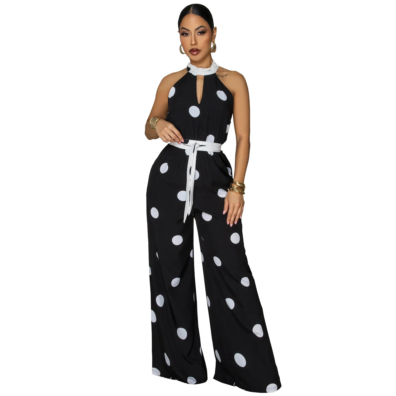 C7841 New Women's Wear Style Wave Dot Printed Hanging Neck Sleeveless Jumpsuit — image 8