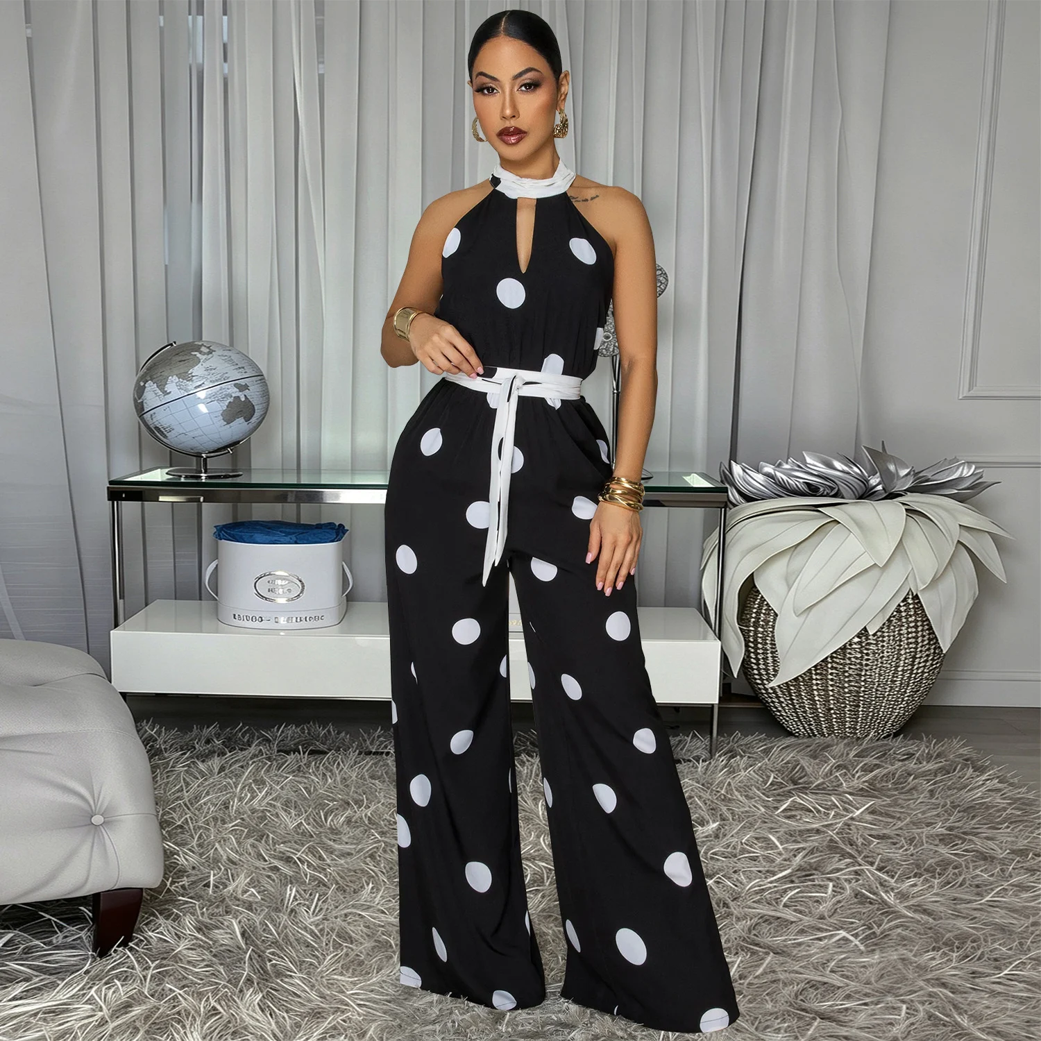 C7841 New Women's Wear Style Wave Dot Printed Hanging Neck Sleeveless Jumpsuit — image 6