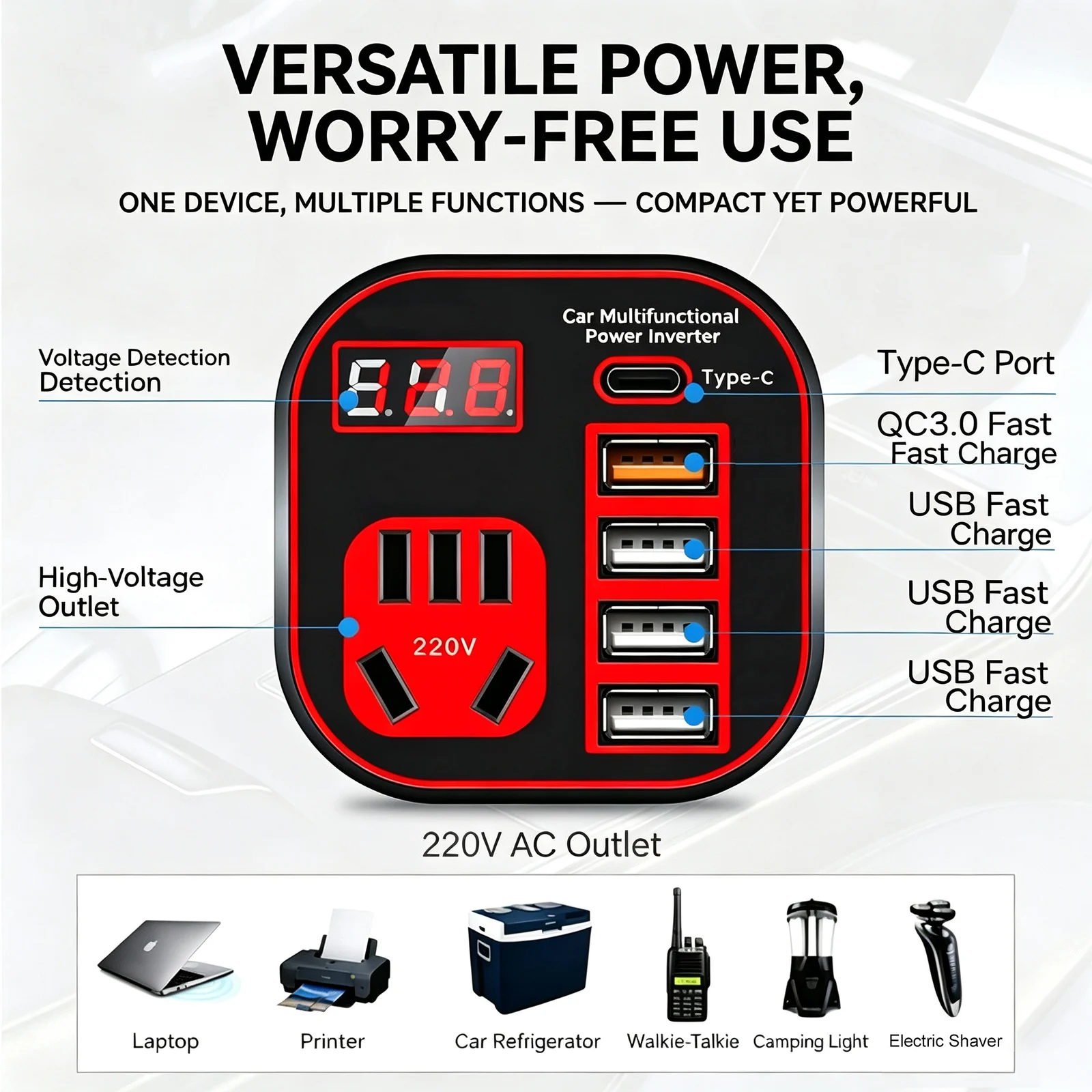 Car Power Inverter 12V 24V To 220V Multi Function Charger Converter With USB C Qc3.0… — image 7