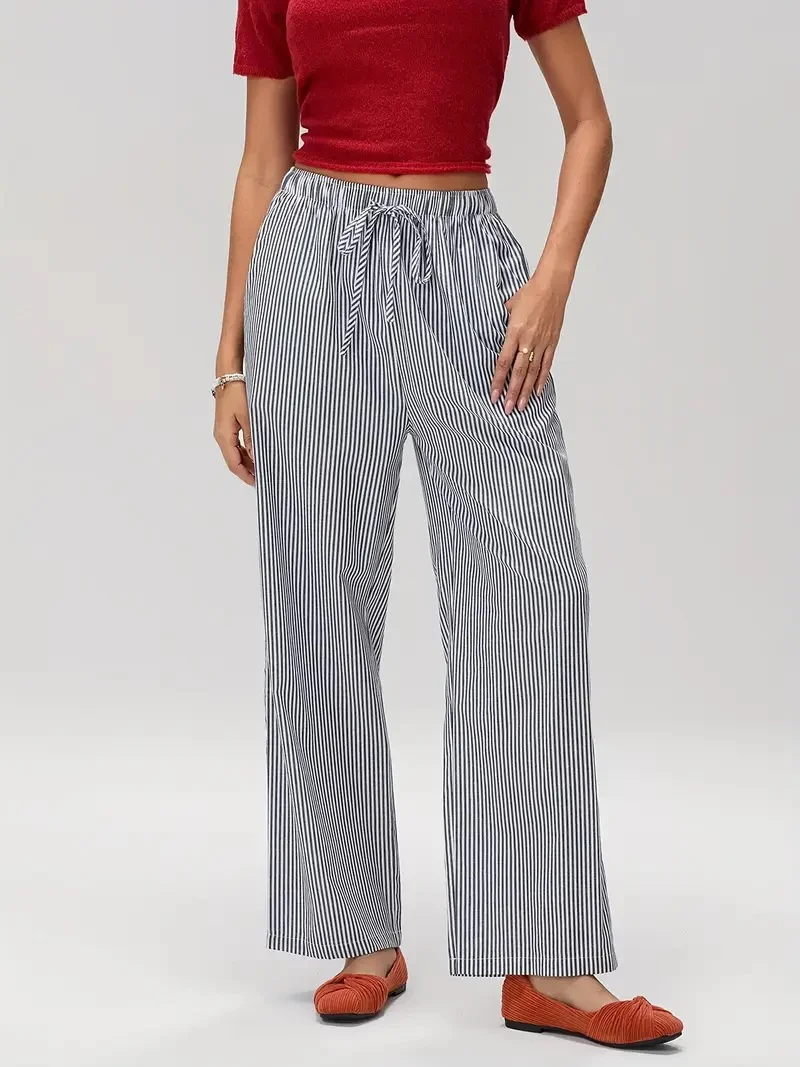 Casual Fashion Striped Straight-leg Pants Elastic High-waisted Trousers — image 2