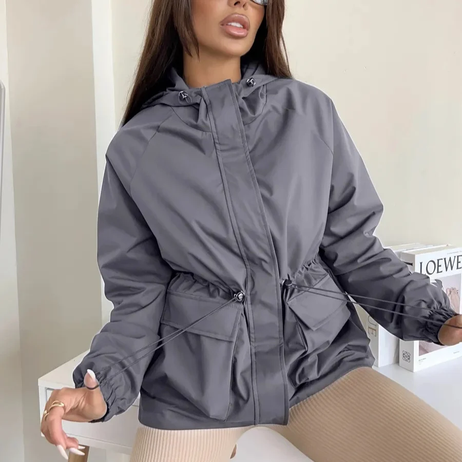 Casual Fashion Women's Jacket Long-sleeved Hooded Drawstring Waterproof Loose Outdoor… — image 4