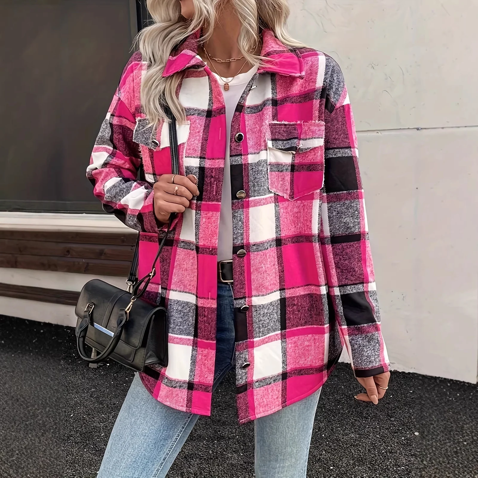Casual Plaid Color-block Plush Coat With Buttons — image 2