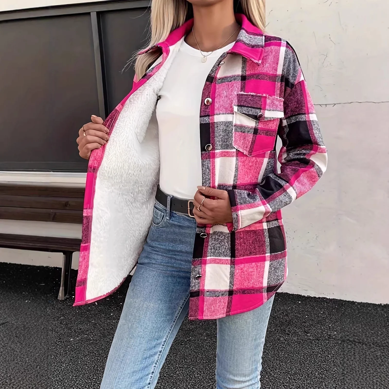 Casual Plaid Color-block Plush Coat With Buttons — image 4
