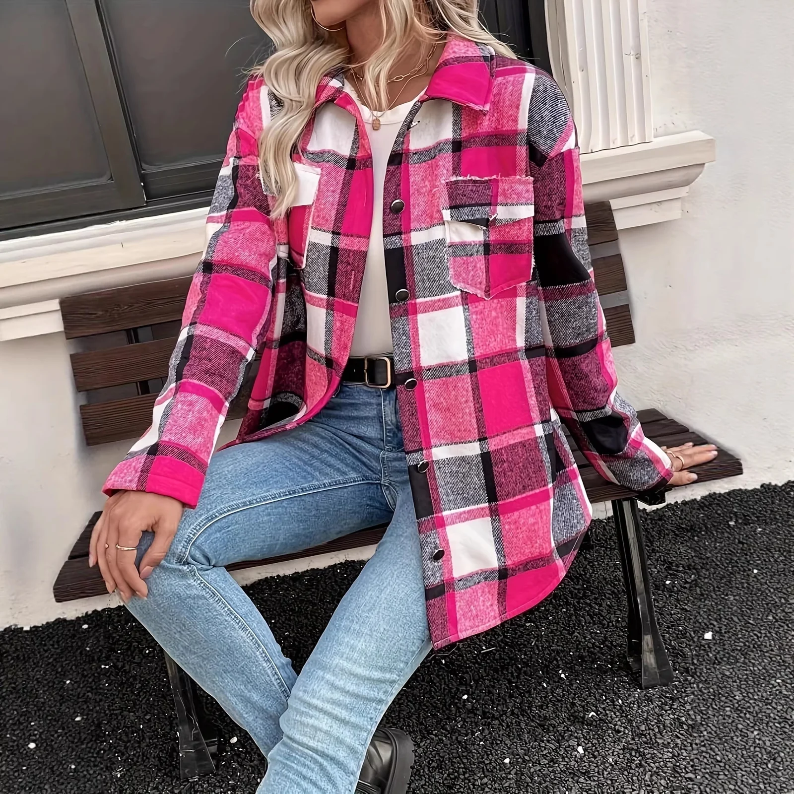 Casual Plaid Color-block Plush Coat With Buttons — image 5