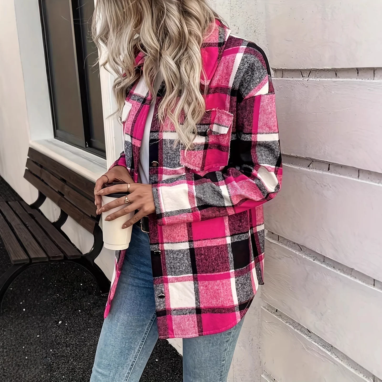 Casual Plaid Color-block Plush Coat With Buttons — image 1