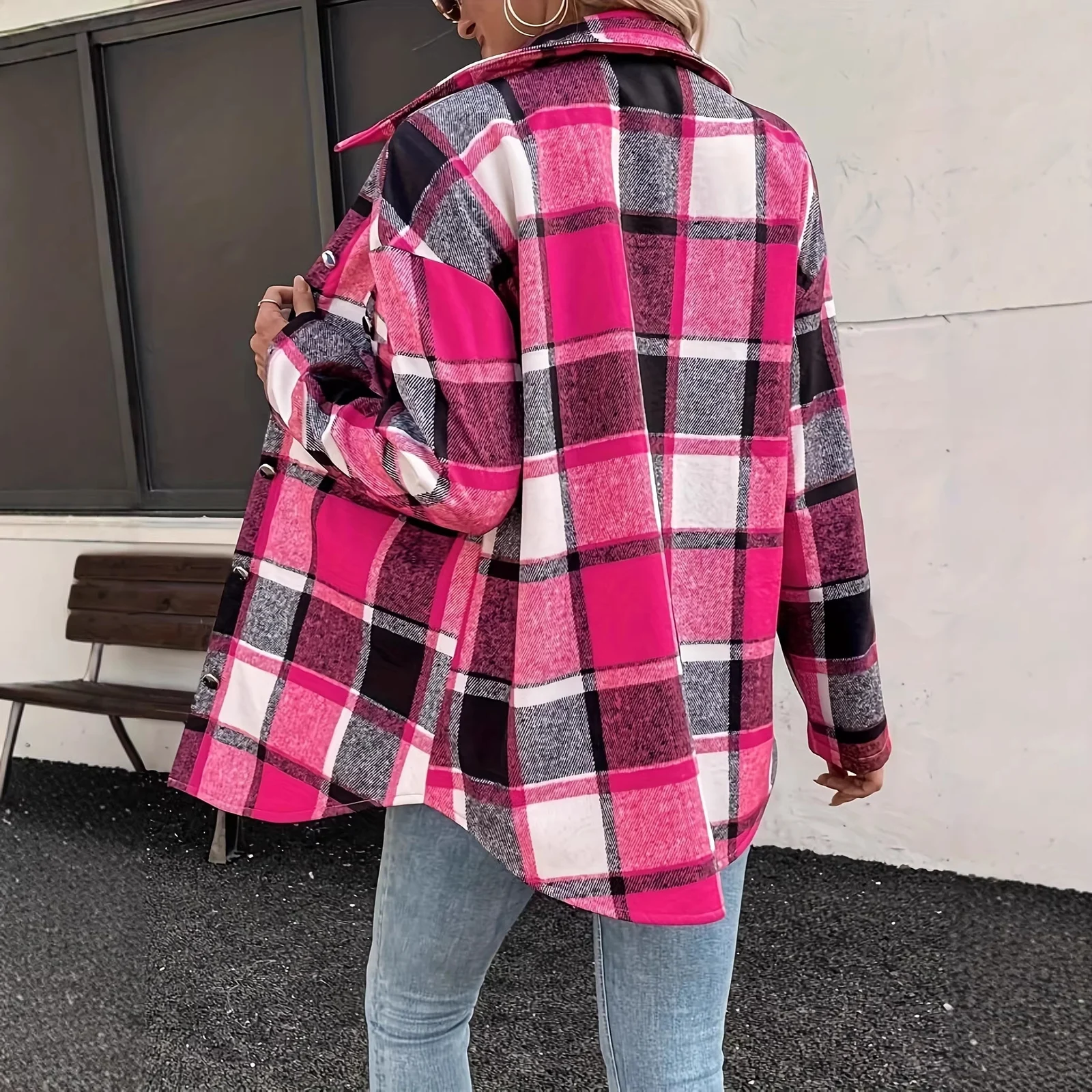 Casual Plaid Color-block Plush Coat With Buttons — image 3