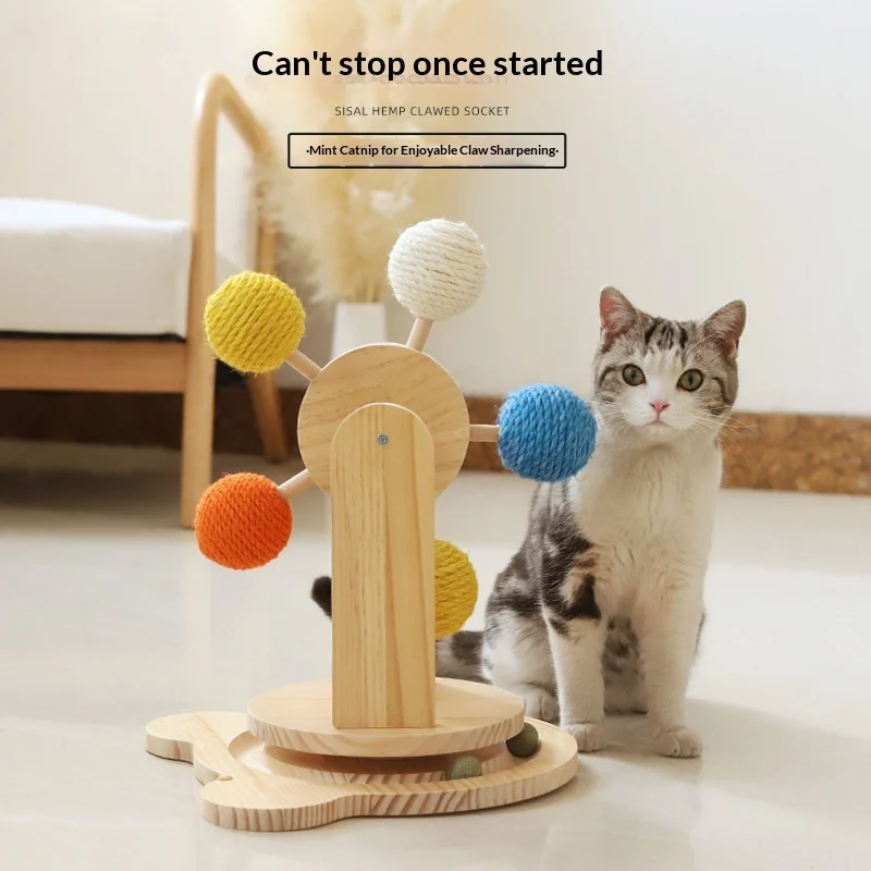 Cat Scratching Board, Solid Wood Turntable Toy, Hemp Rope Claw Sharpening Ball,… — image 4