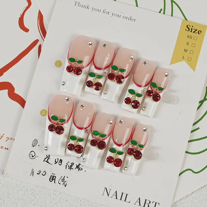 Cherry Gold Diamond Handmade Wearable Nails — image 3