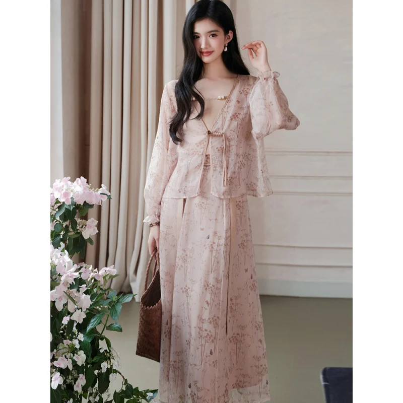 Chinese-style Knot-button Cardigan And Camisole Top With Skirt Set — image 2
