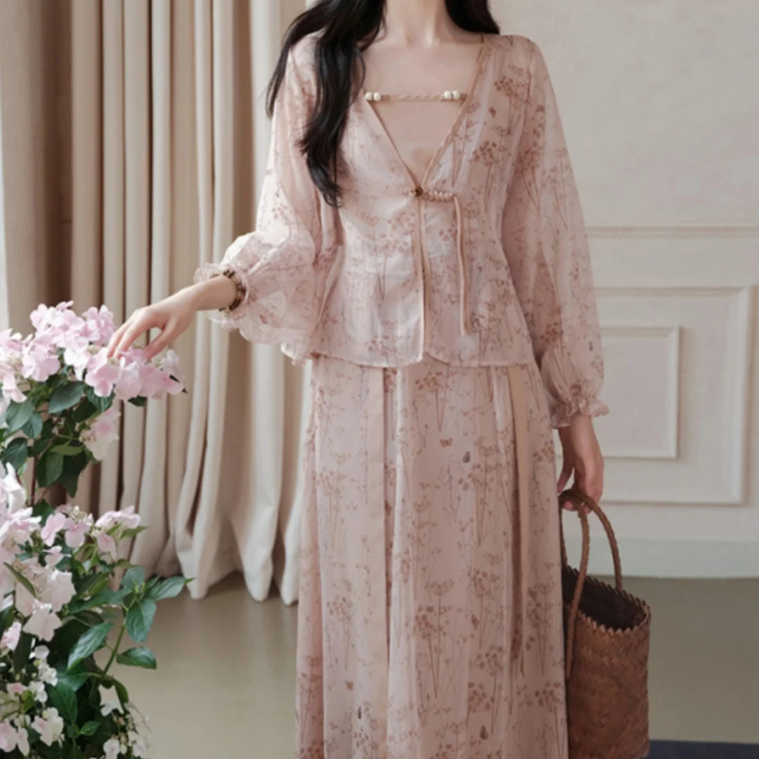 Chinese-style Knot-button Cardigan And Camisole Top With Skirt Set — image 4