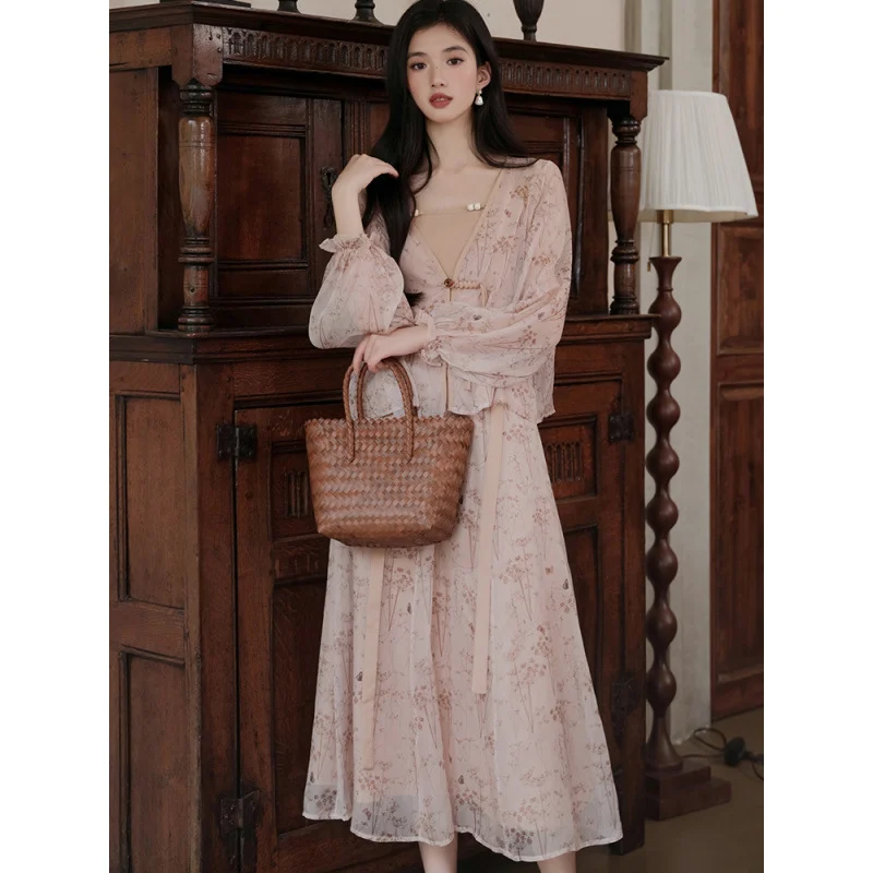 Chinese-style Knot-button Cardigan And Camisole Top With Skirt Set — image 6