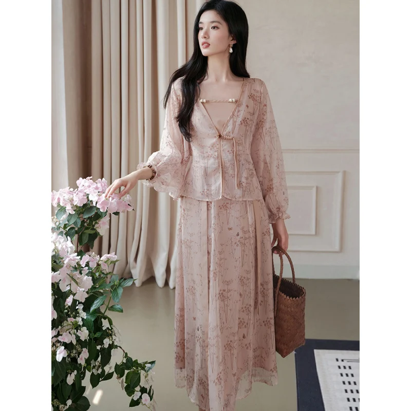 Chinese-style Knot-button Cardigan And Camisole Top With Skirt Set — image 1