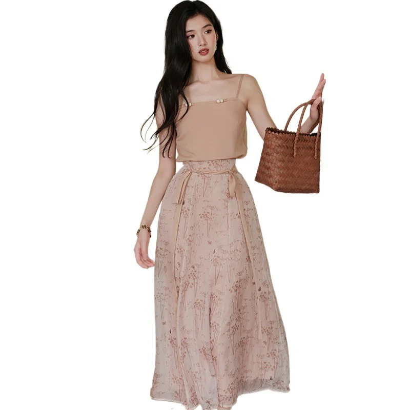 Chinese-style Knot-button Cardigan And Camisole Top With Skirt Set — image 3