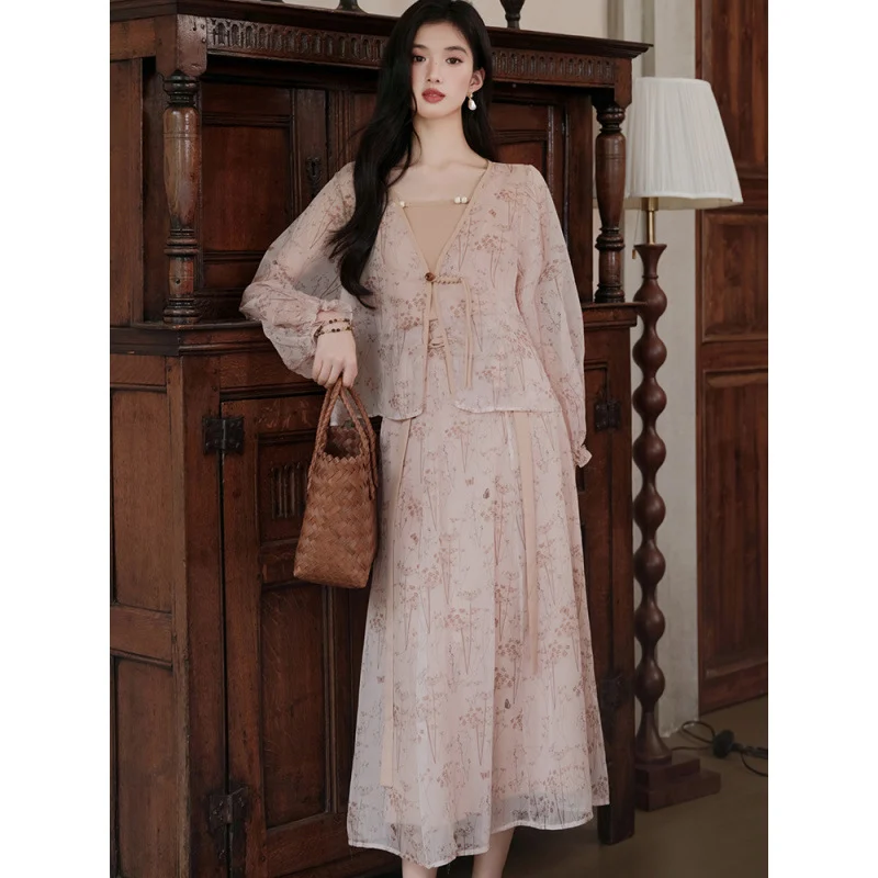 Chinese-style Knot-button Cardigan And Camisole Top With Skirt Set — image 5