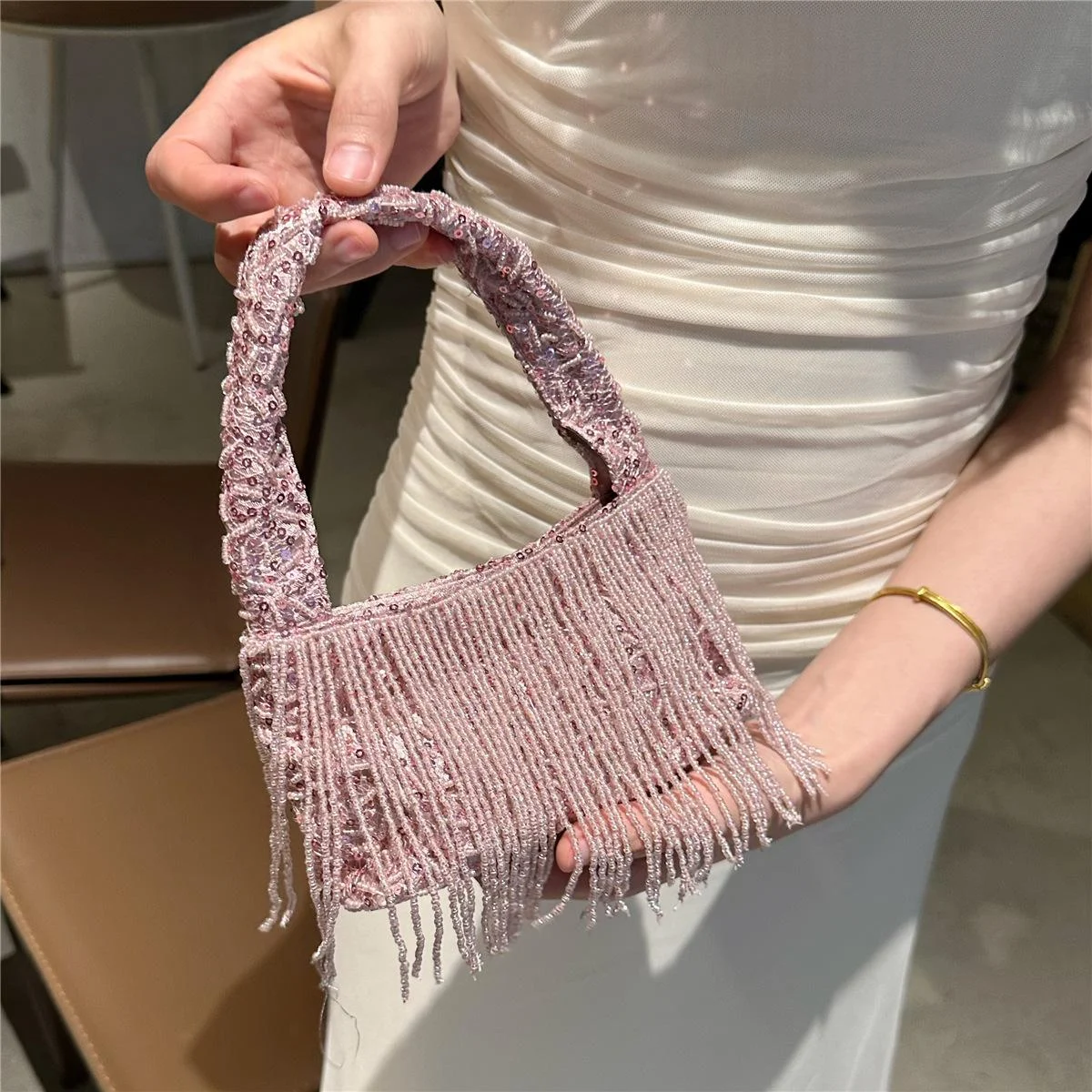 Chinese-style Vintage Handmade Solid-black Beaded Tassel Tote Bag — variant image
