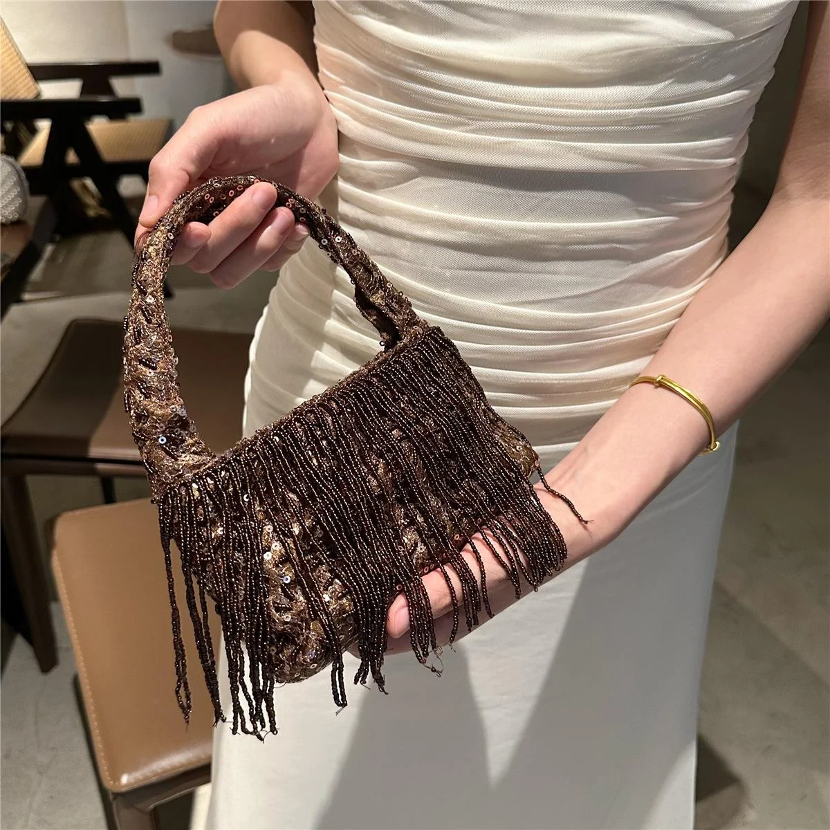 Chinese-style Vintage Handmade Solid-black Beaded Tassel Tote Bag — image 3