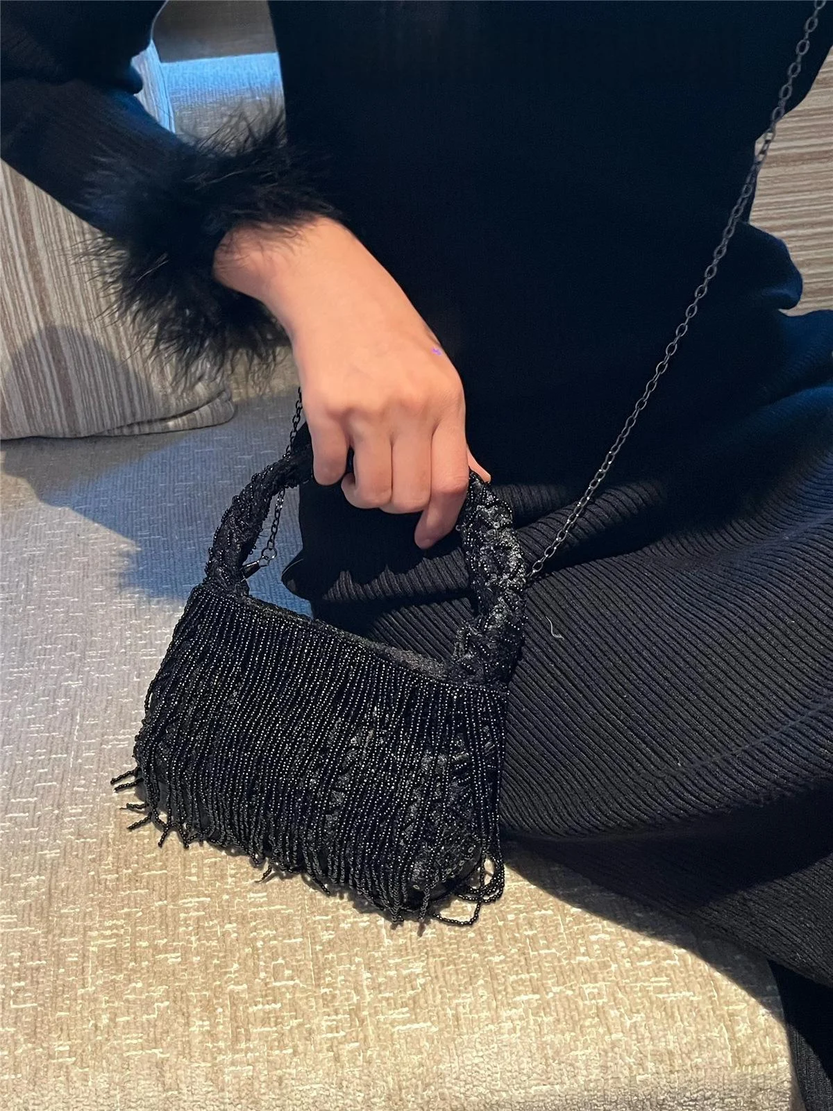 Chinese-style Vintage Handmade Solid-black Beaded Tassel Tote Bag — image 5