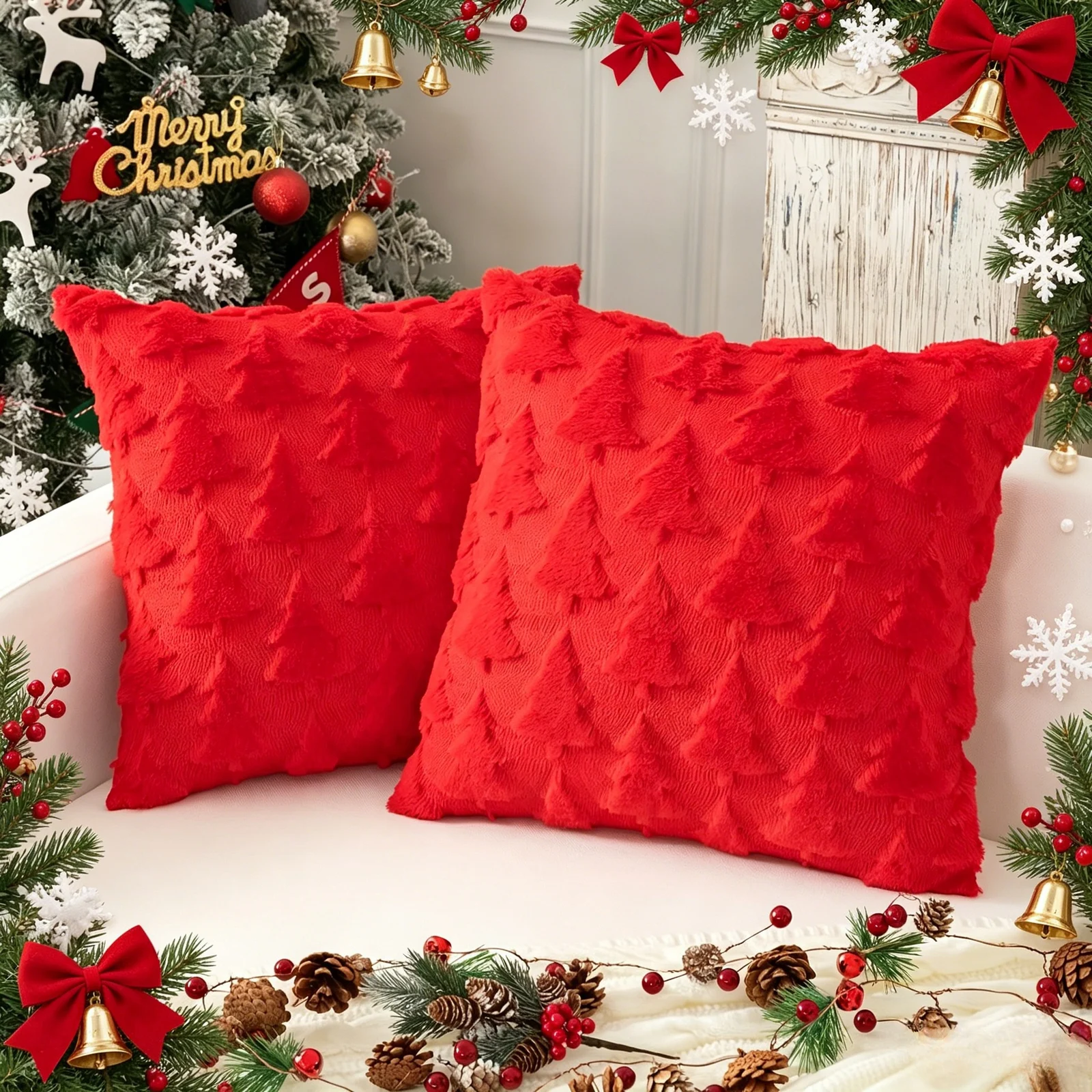 Christmas Throw Pillow Covers Set Of 2, 18 X Inch Soft Plush Faux Fur, Santa Claus… — variant image