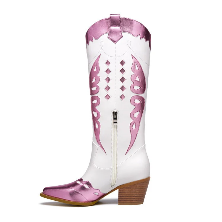 Chunky-heeled Pointed-toe Western Boot With Color-block Embroidery — image 6