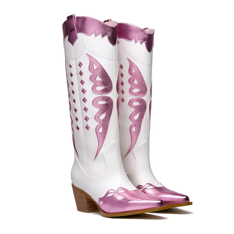 Chunky-heeled Pointed-toe Western Boot With Color-block Embroidery — image 2
