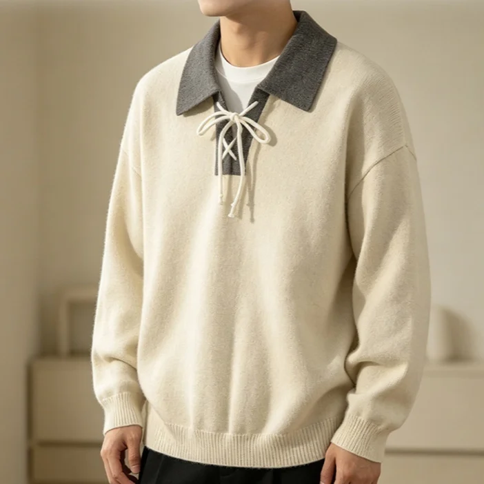 Color-block Lapel Knit Sweater For Men — image 6