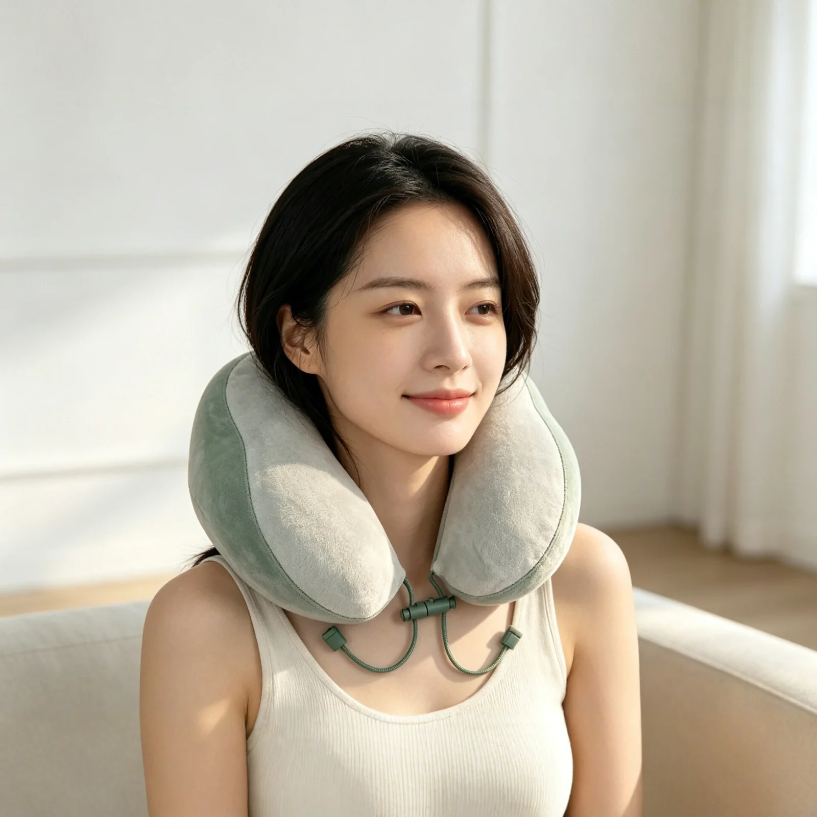 Color Block Plush Memory Foam U Shaped Neck Pillow, Adjustable Drawstring Travel… — image 3