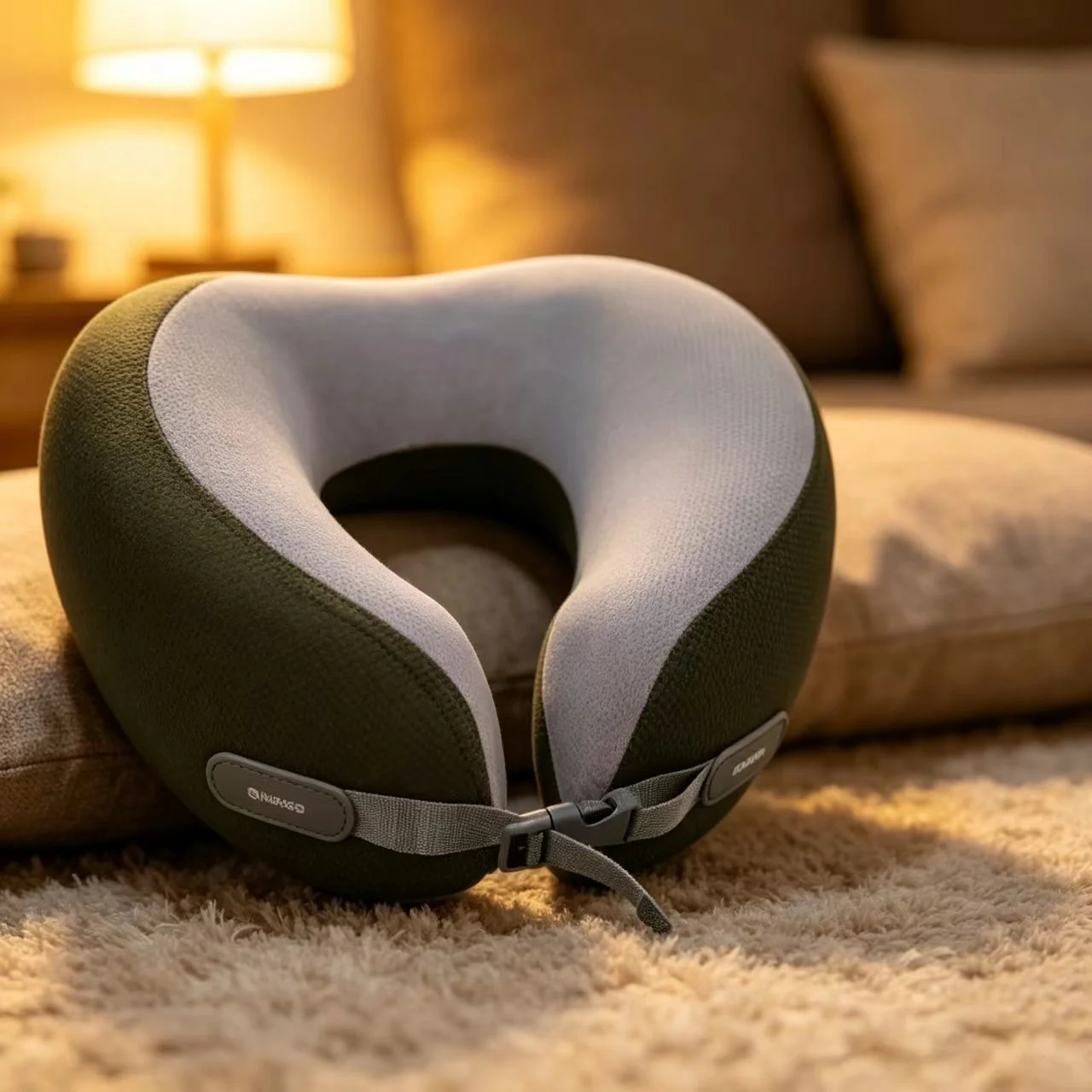Color Block Plush Memory Foam U Shaped Neck Pillow, Snap Button Travel Pillow For… — image 4