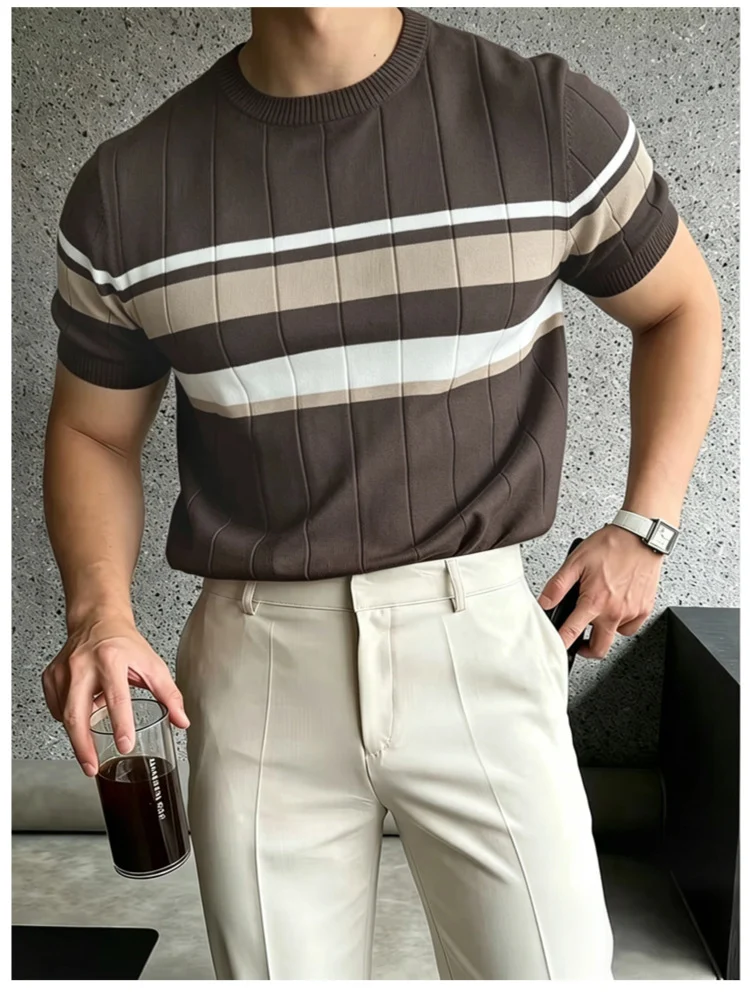 Color-block Striped Mens Knitted Short-sleeve Casual Top — image 2