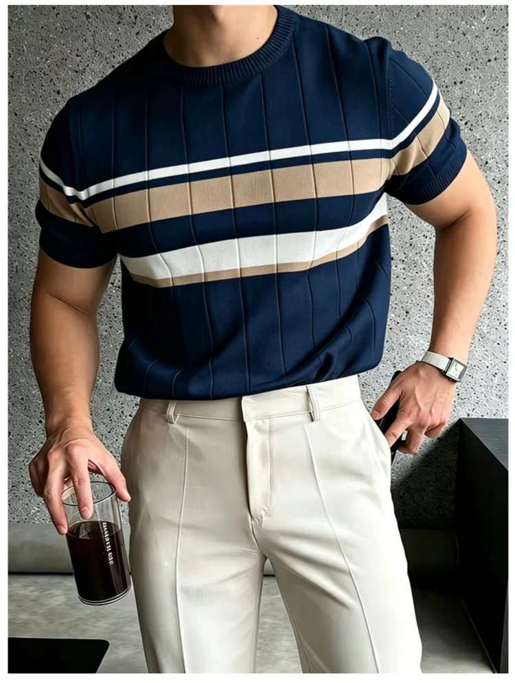 Color-block Striped Mens Knitted Short-sleeve Casual Top — image 9