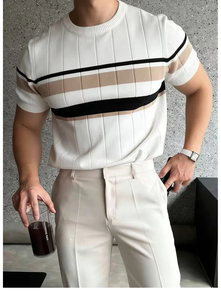 Color-block Striped Mens Knitted Short-sleeve Casual Top — image 6