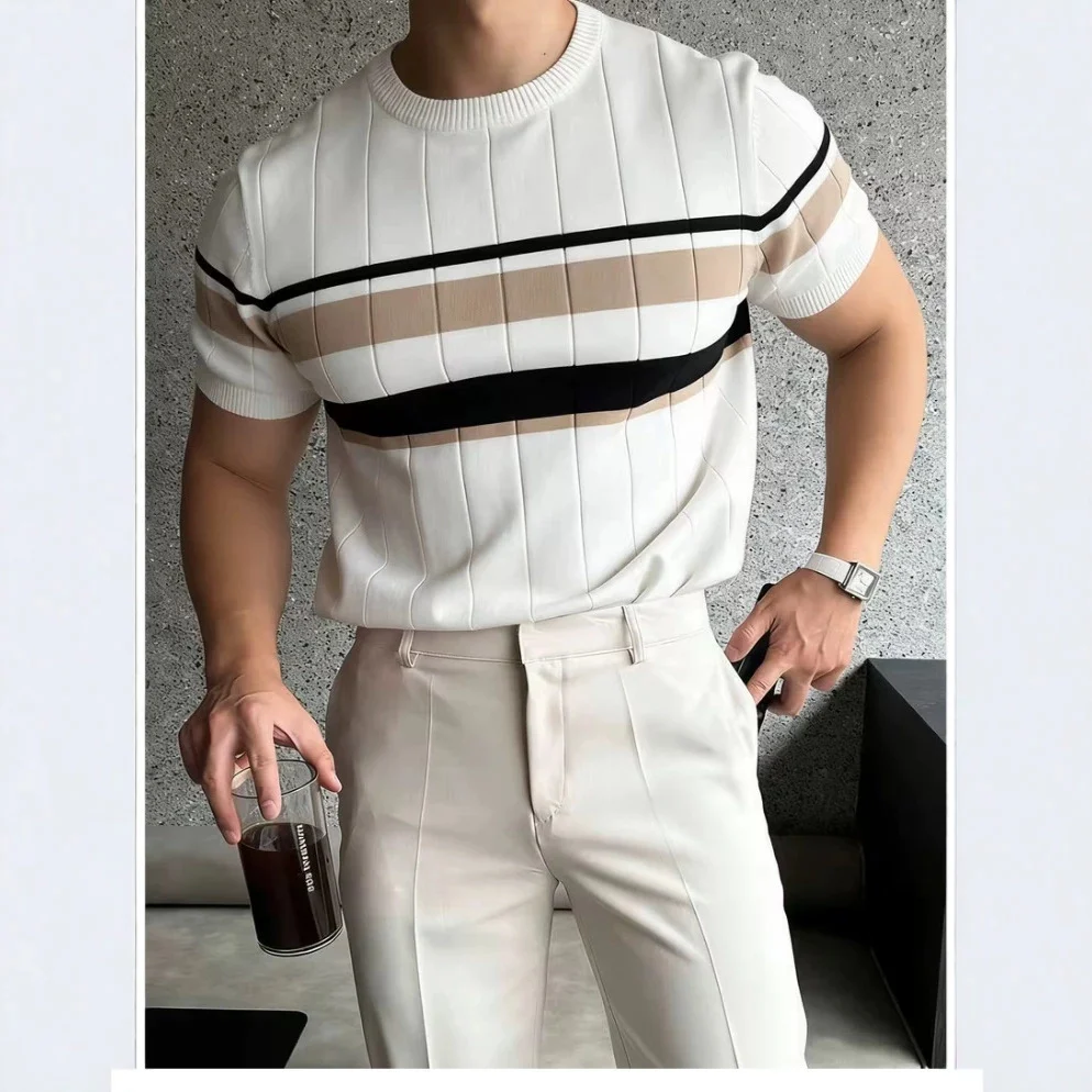 Color-block Striped Mens Knitted Short-sleeve Casual Top — image 8