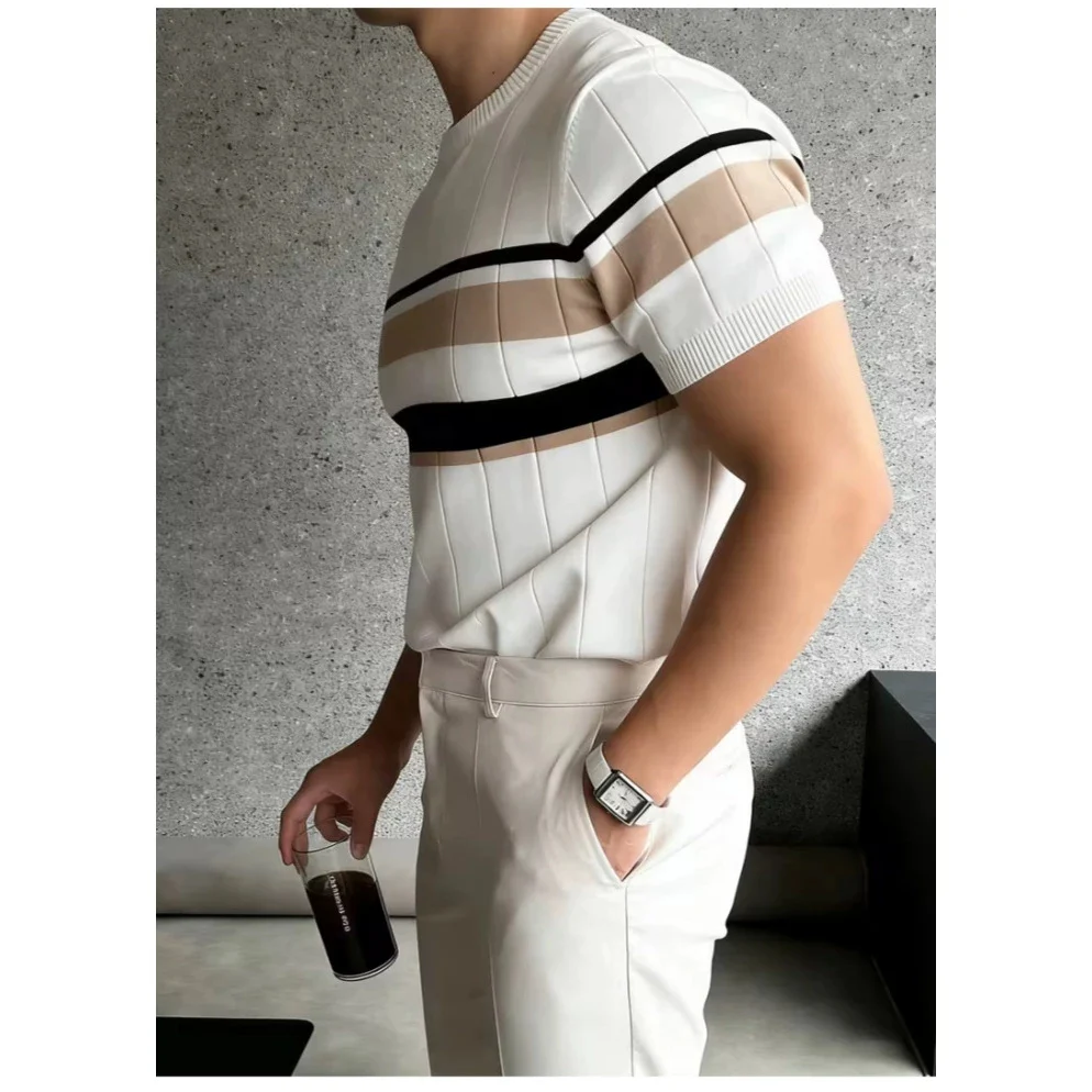 Color-block Striped Mens Knitted Short-sleeve Casual Top — image 3
