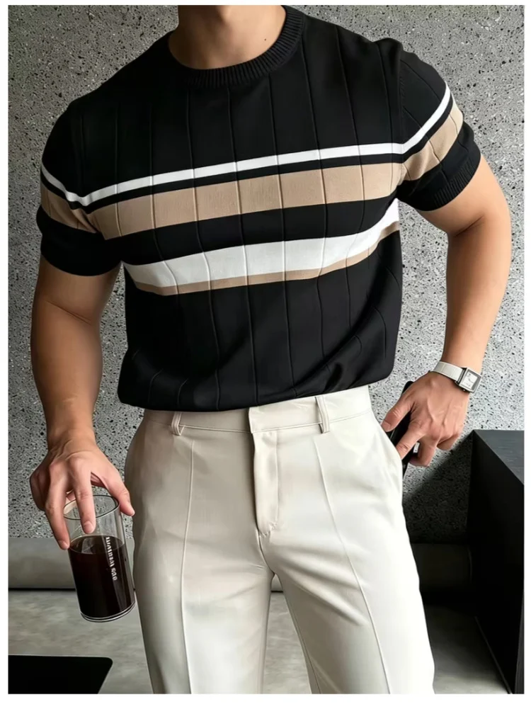 Color-block Striped Mens Knitted Short-sleeve Casual Top — image 5