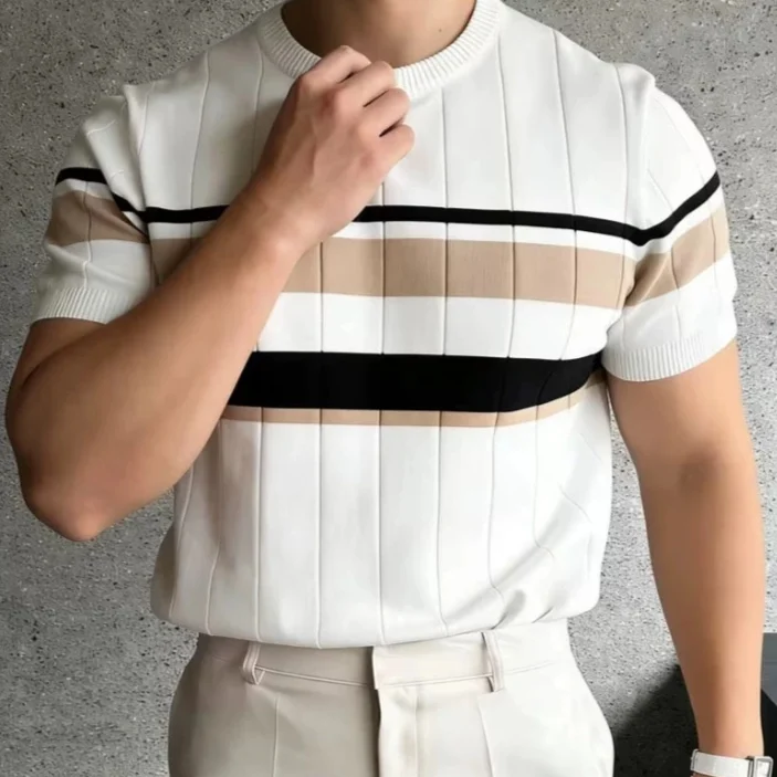 Color-block Striped Mens Knitted Short-sleeve Casual Top — image 7