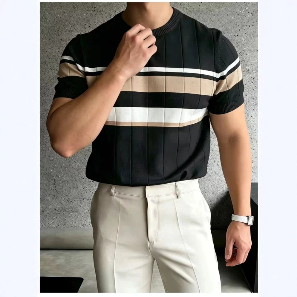 Color-block Striped Mens Knitted Short-sleeve Casual Top — image 4