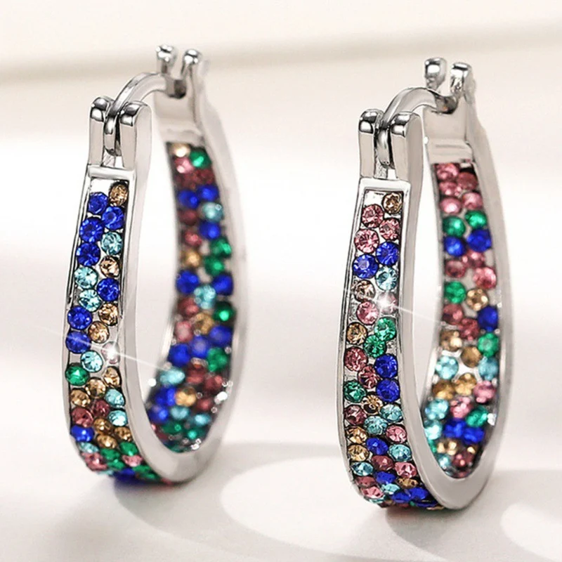 Colorful Crystal Turquoise Color Hoop Earrings Silver Tone Brass Women Party Fashion… — image 7